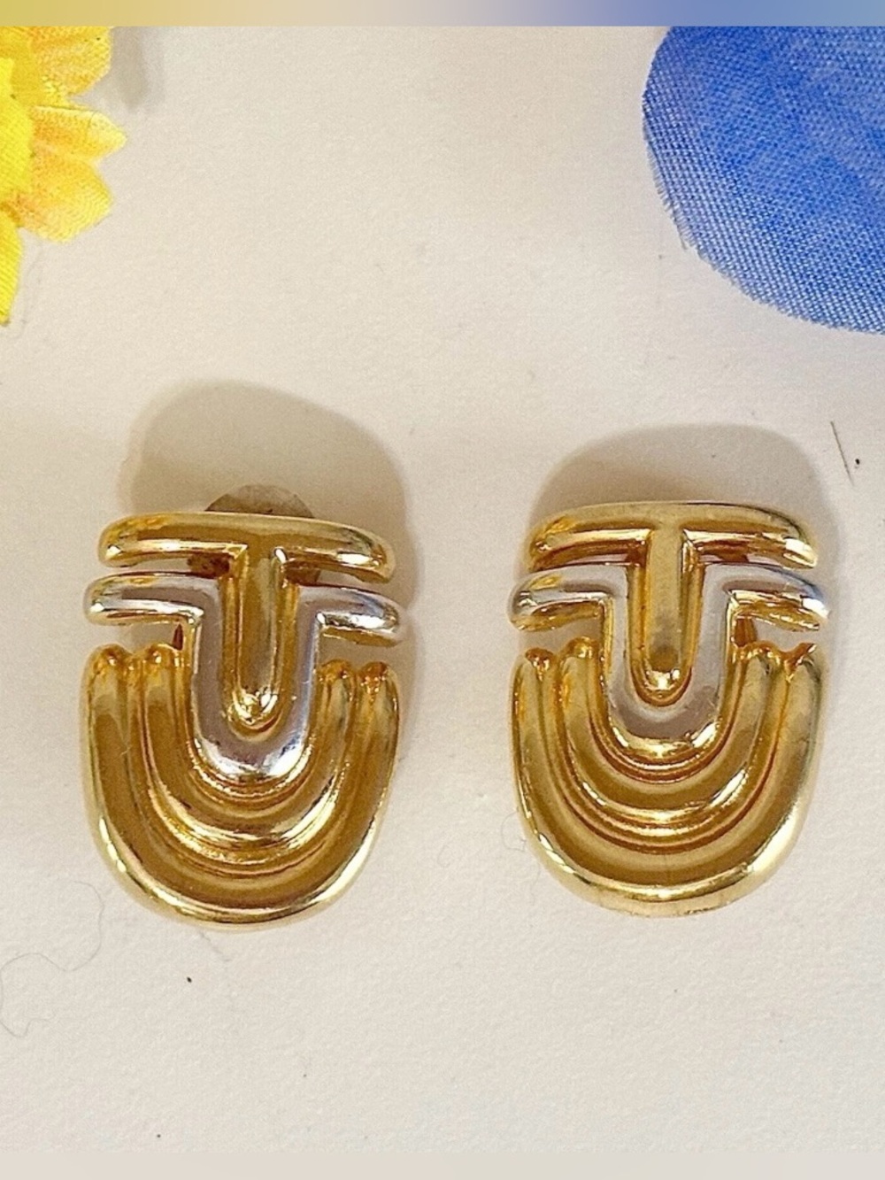 Vintage Erwin Pearl Egyptian Revival Geometric Unique Gold-Tone Clip-On Earrings
